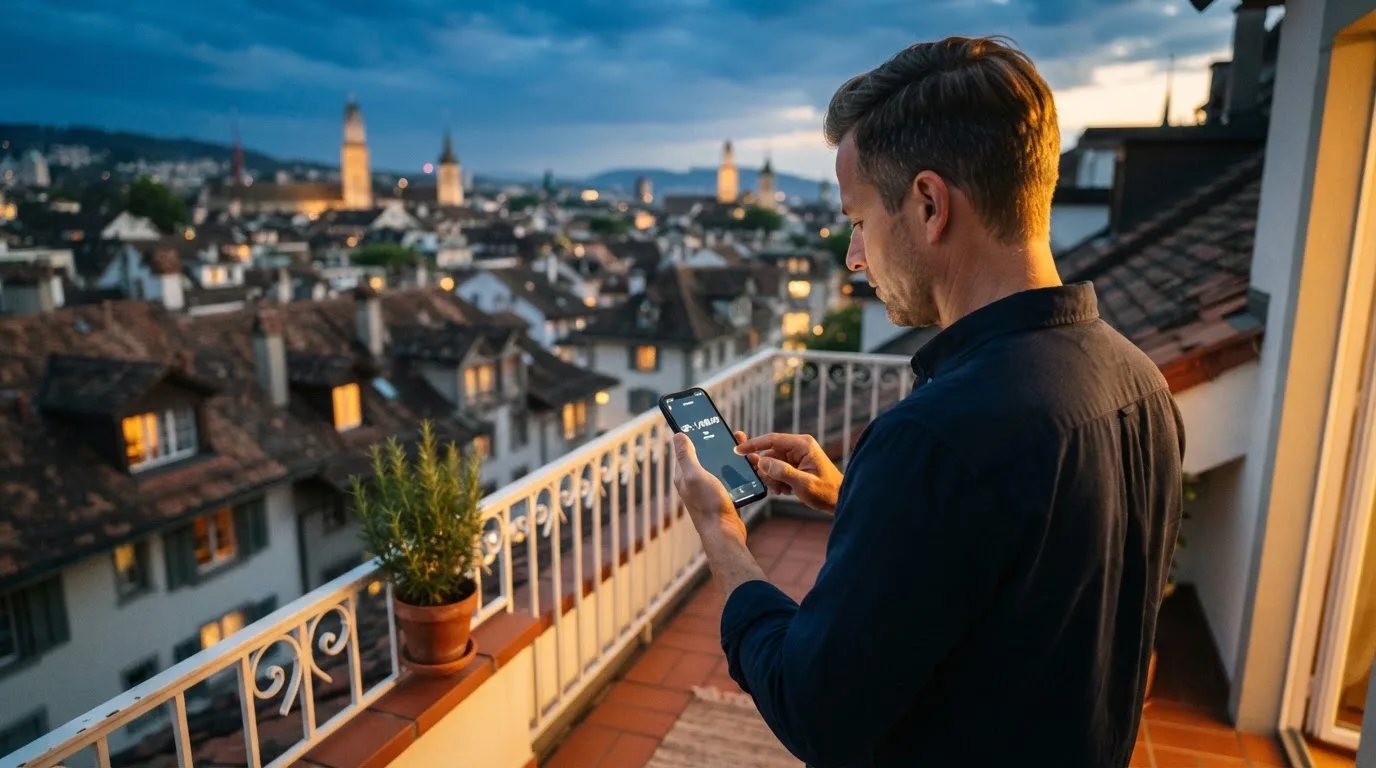 Mann steht auf einem Balkon und tippt konzentriert auf sein Smartphone, Abendlicht über den Dächern.
