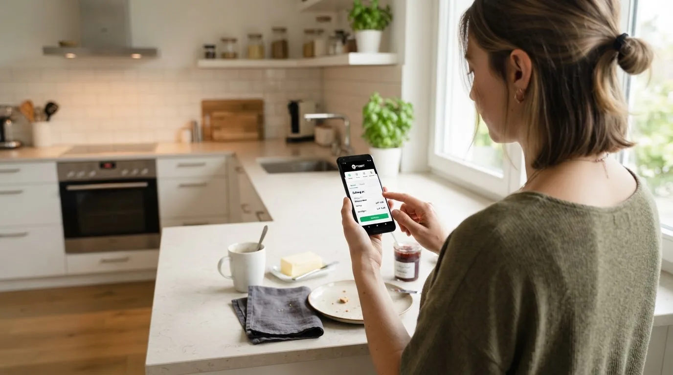 Frau steht in einer hellen Küche und tippt auf ihr Smartphone, Frühstücksgeschirr auf der Ablage.