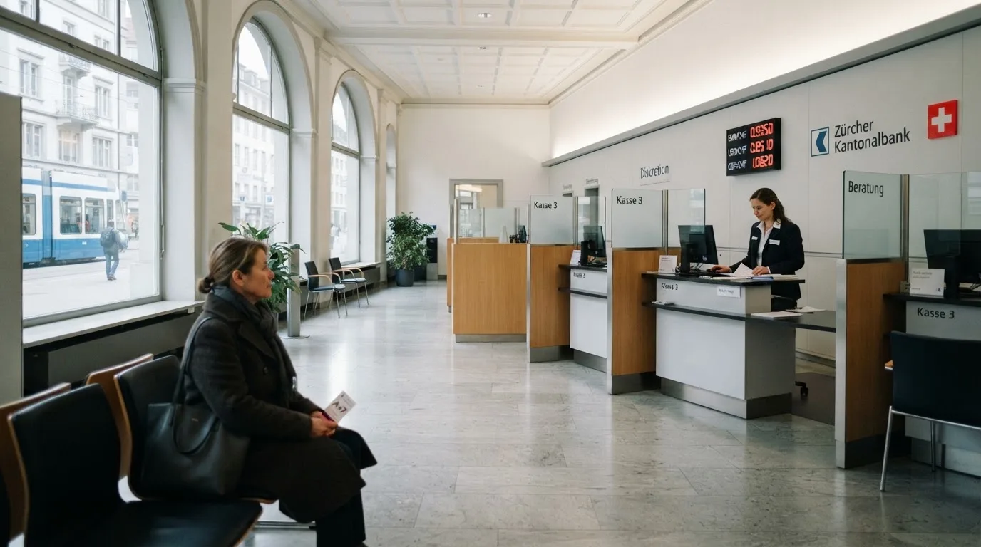 Blick über eine Bankfiliale mit Kundenschalter, im Vordergrund unscharf eine wartende Person.